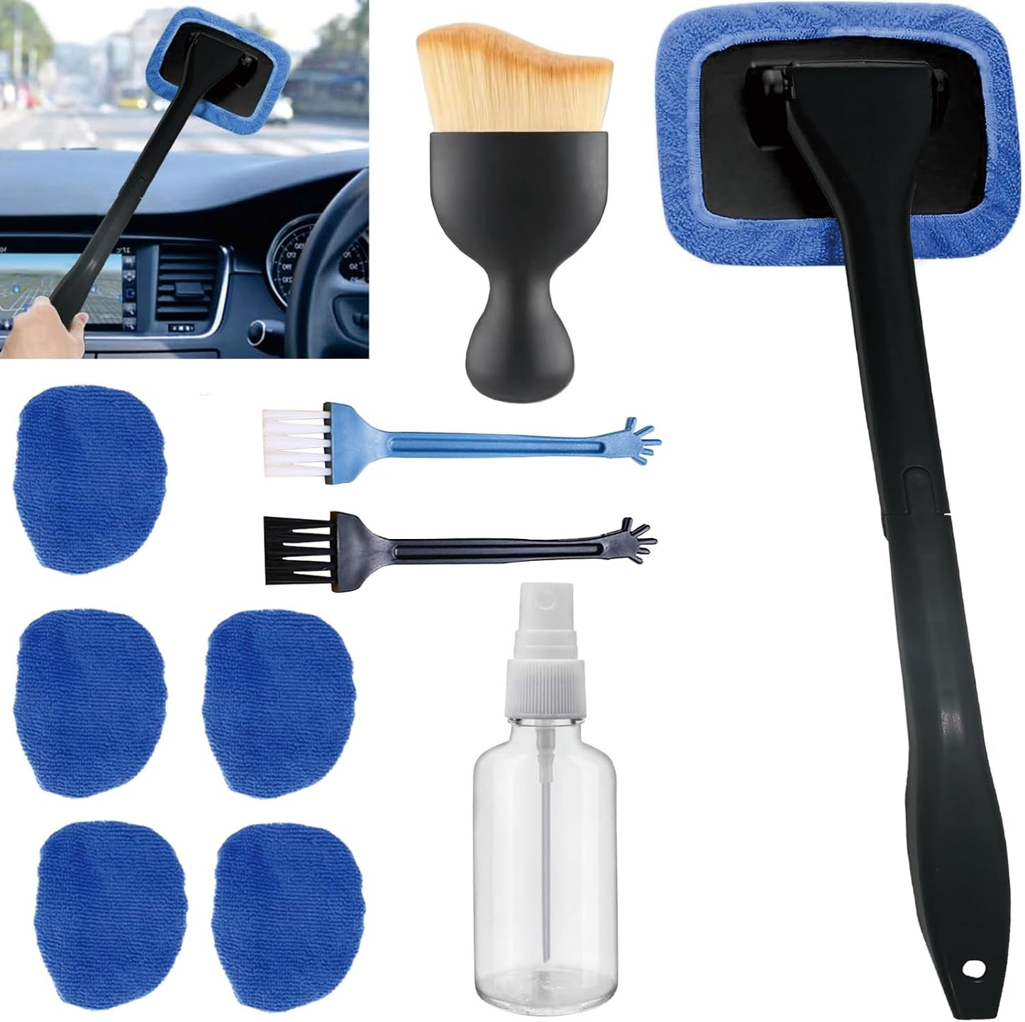 10pcs Car Windshield Cleaning Tool, Windshield Cleaner with 5 Washable and Reusable Microfiber Pads and Extendable Handle, for Auto Glass Wiper (Bule（10pcs）)