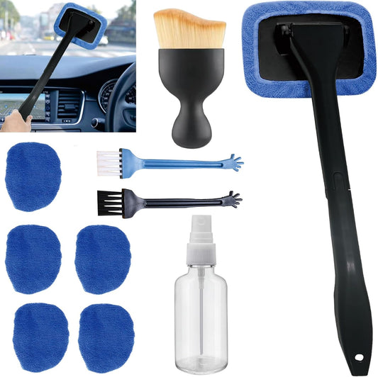 10pcs Car Windshield Cleaning Tool, Windshield Cleaner with 5 Washable and Reusable Microfiber Pads and Extendable Handle, for Auto Glass Wiper (Bule（10pcs）)