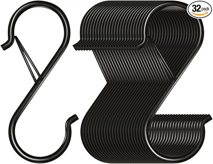 Waitkey 32 Pack S Hooks for Hanging, 3.5 inch Heavy Duty Metal S Hooks with Safety Buckle S Shaped Hooks Pot Rack Closet Hooks for Hanging Plants, Clothes, Kitchen Utensil, Pots, Pans, Bags (Black)