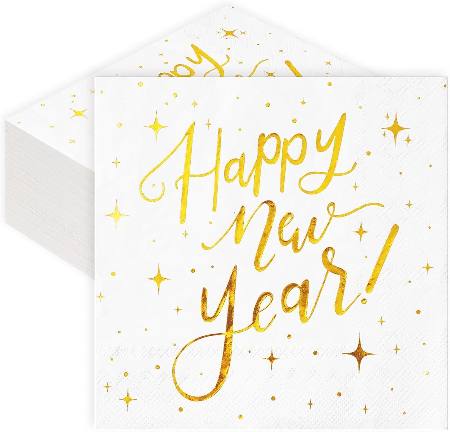 Whaline 80Pcs Happy New Year Paper Napkins White Gold Foil Disposable Dinner Napkins for New Year Christmas Party Supplies