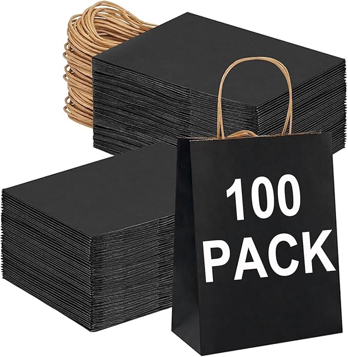 BAG BOX 100 Pack Medium 5.9x3.1x8.25Inch Black Kraft Paper Gift Bags with Handles for Bulk Shopping, Retail, Craft, Party Favors, Wedding, Grocery & Sacks