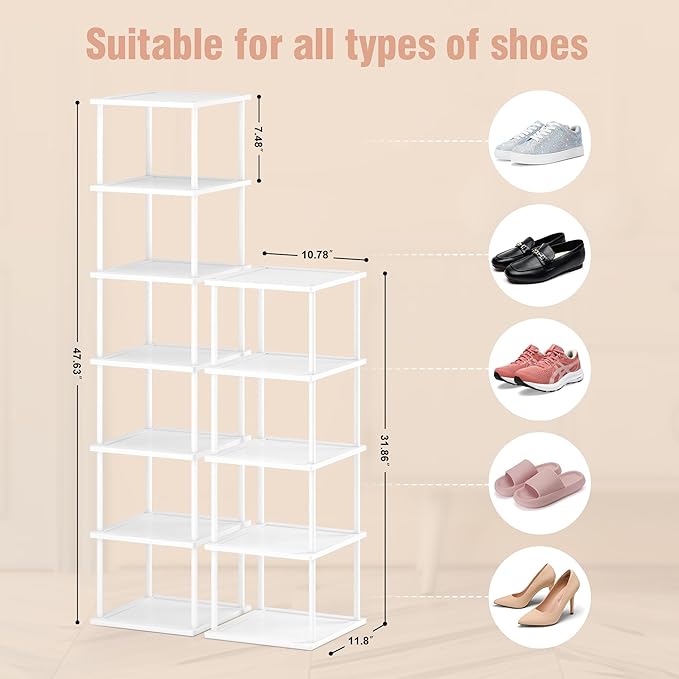 Bamboo Free Standing Shoe Rack Shelf Multi Tier Tall Wooden Stackable Shoes Rack Organizer for Closet Front Door Entrance Narrow Vertical Shoe Storage (White, 12 Tiers)