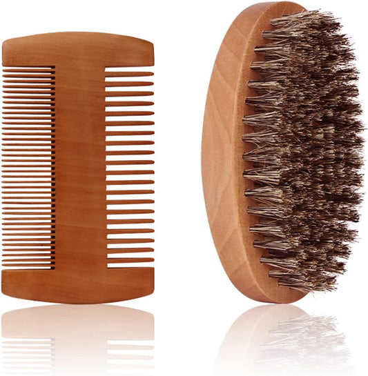 Fan Wu Beard Brush & Wood Comb Set with Velvet Travel Pouch – Natural Boar Bristle Grooming Kit, Anti-Static, No Shedding (Unlike Metal/Plastic Kits) for Beard, Mustache & Hair – Gift for Men
