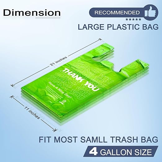 YoYoRain 1000 Pack “Thank You” T-Shirt Bags – Green Plastic Shopping Bags with Handles, Reusable & Disposable, for Takeout, Retail, Grocery, Small Business