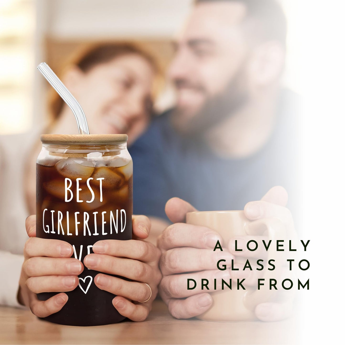 SUCHAGIFT Gifts for Girlfriend - Girlfriend Gifts for Women - Anniversary, Valentines, Birthday Cup for Her - Romantic Love Glass for Her - 16 Oz Can Glass with Lid, Straw & Brush