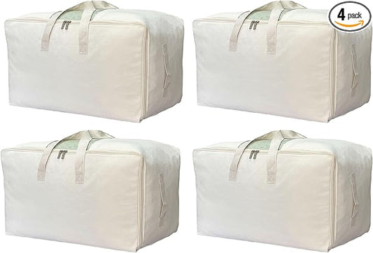 Soft Canvas Storage Bag with Zipper and Clear Window, Cotton Linen Organizer Storage for Pillow, Sweater, and Bedding, 55L, 4 Pack, Beige