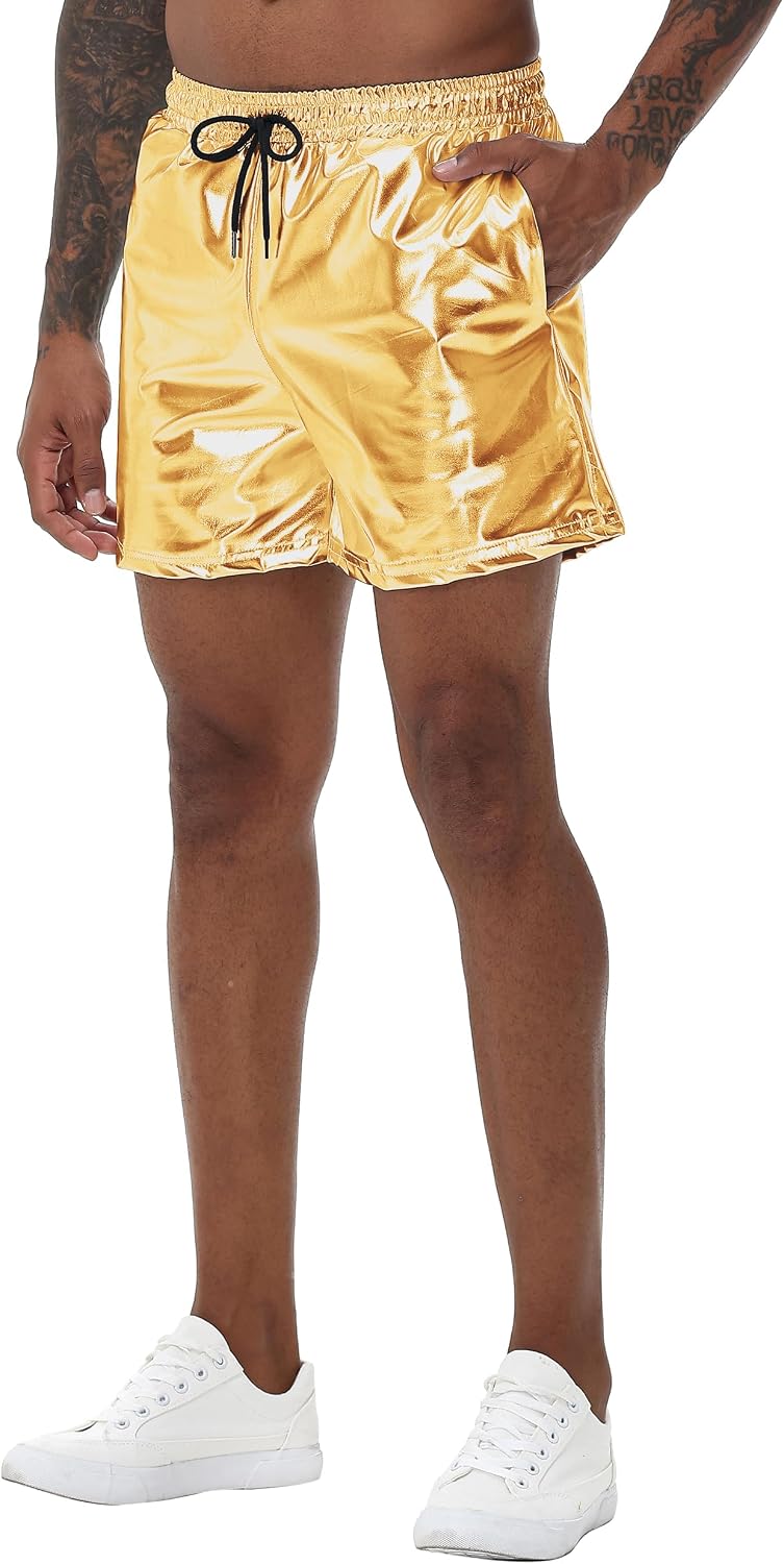 NewL Mens Gold Metallic Shiny Rave Night Club Shorts Comfort Sweatpants Disco Dance Party Elastic Trousers