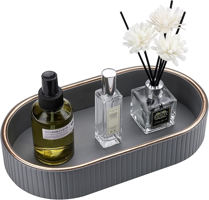 GORESE PU Leather Valet Tray Perfume Organizer, Oval Jewelry Trays Nightstand Organizer Key Bowl Trinket Dish for Dresser Bedside, Vanity Tray for Bathroom, EDC Trays for Men Women, 11Ã5.9 in, Gray