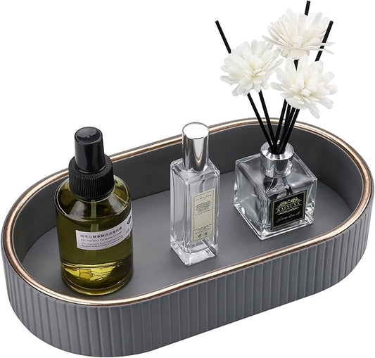 GORESE PU Leather Valet Tray Perfume Organizer, Oval Jewelry Trays Nightstand Organizer Key Bowl Trinket Dish for Dresser Bedside, Vanity Tray for Bathroom, EDC Trays for Men Women, 11Ã5.9 in, Gray