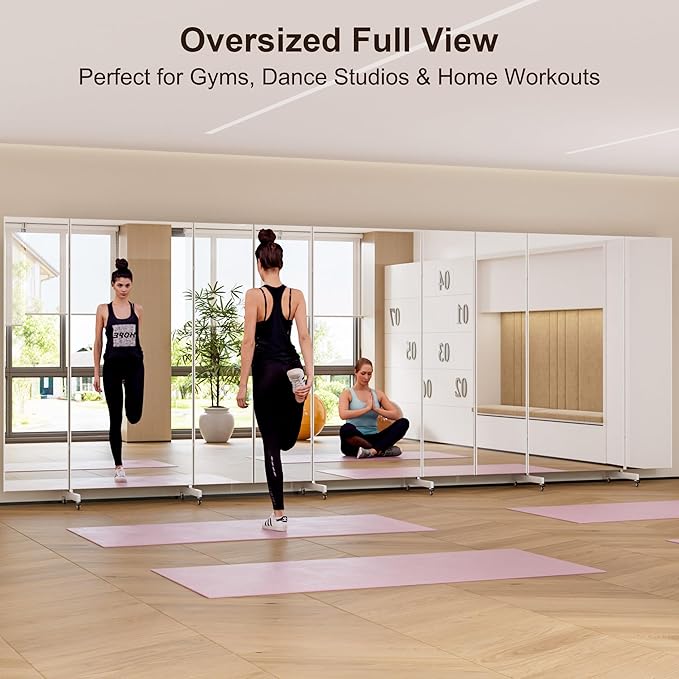 brisafe 67"x63" Folding Mirror with Wheels, 3-Panel Full Length Wall Mirror, Space-Saving Design, Shatterproof Nano Material, Portable Floor Mirror for Gym, Dance Studio, Home, Commercial Use, Black