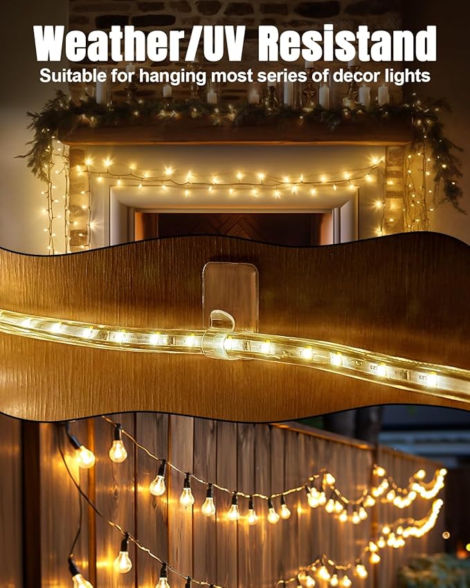 LZC Hooks for Outdoor String Lights Clips: 20 Pack Large Clear Rectangle Outdoor Light Clips Waterproof Adhesive Strips - Heavy Duty Outside Hanging Cable Rope Light Holders Organizer