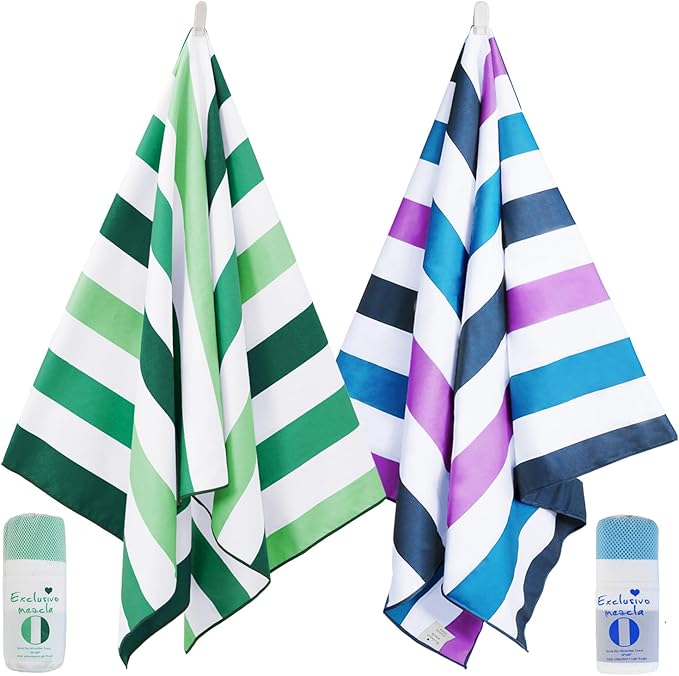 Exclusivo Mezcla 2 Pack Microfiber Quick Dry Beach Towels, Large Lightweight Sandfree Pool Towels for Swimming Camping Travel with Bag (Forest Green and Dark Purple, 30x60 Inches)