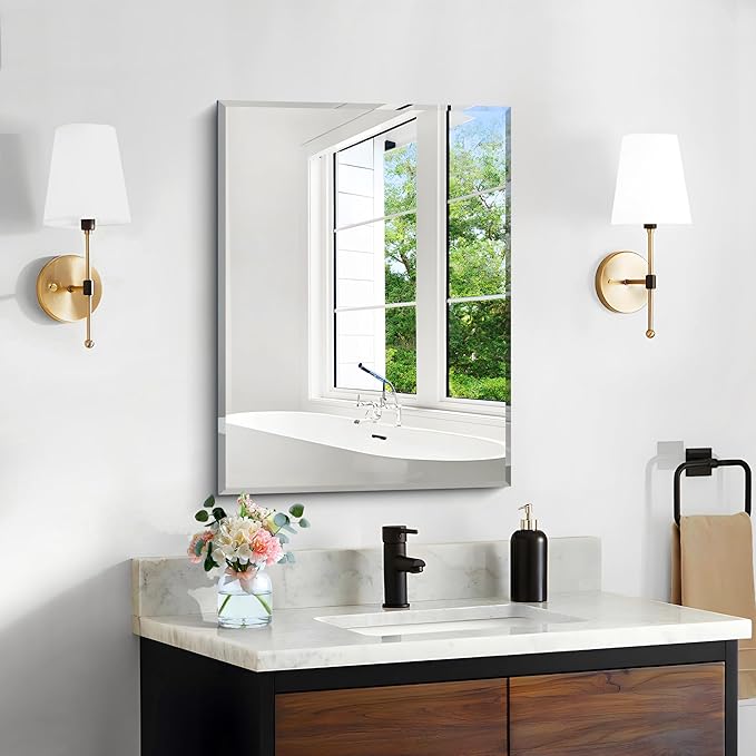 CILIBER 18x24 Beveled Mirror, Frameless Beveled Bathroom Mirrors for Wall, Upgraded Shatterproof Rectangle Vanity Mirror with Beveled Edge for Bathroom, Bedroom, Living Room and Entryway