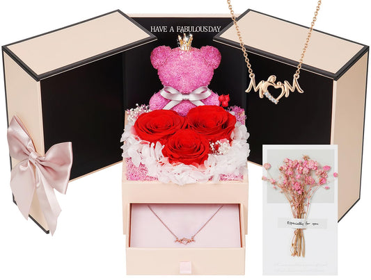 ADDWel Mom Birthday Gifts from Daughter or Son – Preserved Real Rose with Mom Necklace and Cute Moss Bear – Unique Rose Gifts for Women, Perfect for Mum, Mama, Mother on Birthday or Mother's Day