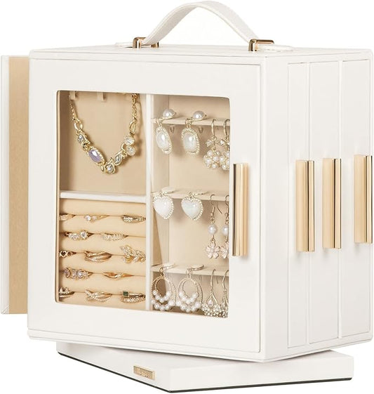 Homde Valentine's Day gifts Jewelry Box 360Â° Rotating, Necklace Earring Organizer with Transparent Window, Mirror, 7 Drawers, Large Ring Display Storage Case for Girls Women (White)