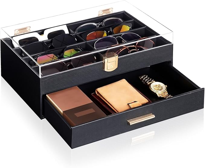 Homde Sunglasses Case Carbon Fibre: Large Organizer for Men Bedroom Dresser - Acrylic Clear Display Holder for Glasses & Jewelry
