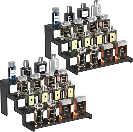 Lifewit 12 Inch Cupcake Stand, 4 Tier Plastic Perfume Cologne Organizer,Display Riser Shelf for Makeup, Cosmetic Vanity Storage, Figurine Holder, Bathroom, Bedroom, Room Decor, Black, 2 Pcs