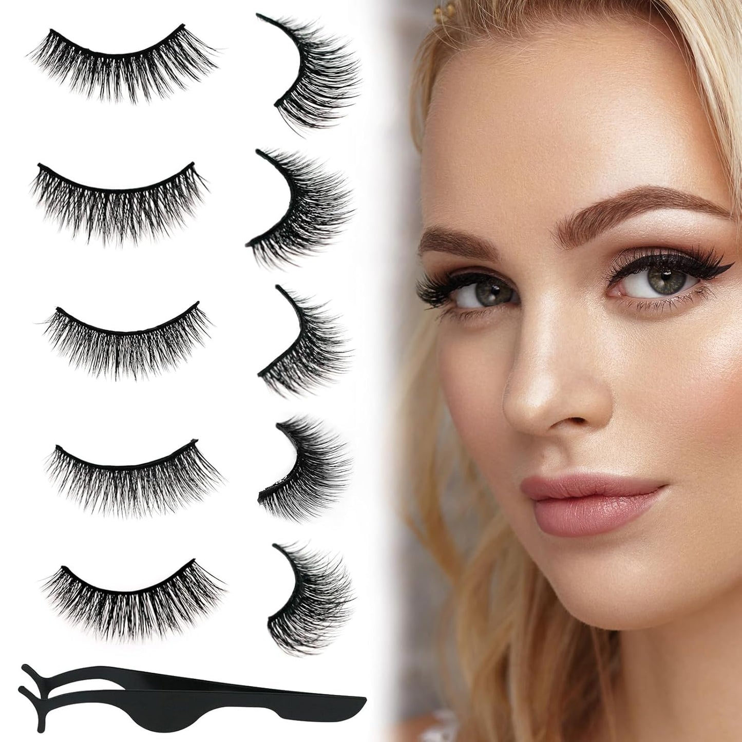 Self Adhesive Eyelashes Natural Look False Eyelashes Reusable Self Stick Lashes, No Glue Needed, 5 Pairs Long