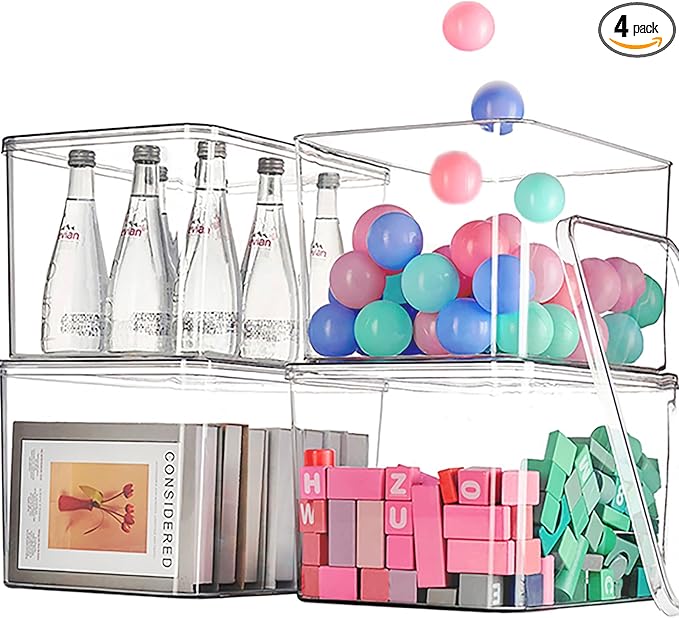 Clear plastic storage bins with LIDS,storage containers for snacks, cosmetics, books, dog food, Storage Organizer for Nurseryï¼Kitchen, Living room,Bedroom, Bathroom, Office (clear, 4XL)