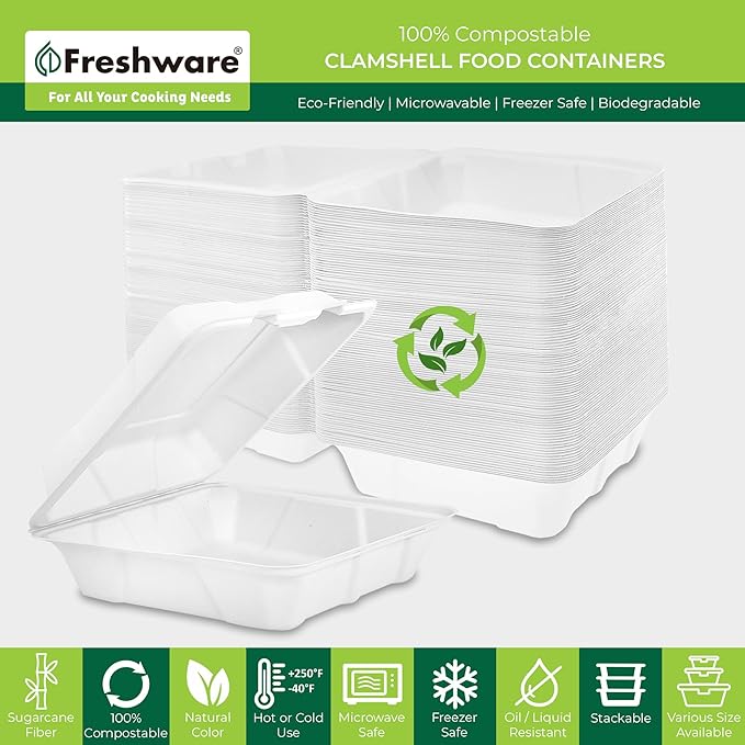 Freshware Compostable 9x9" Clamshell Take Out Food Containers [50-Pack] - Biodegradable Sugarcane To Go Boxes - Paper Food Container - Microwave & Freezer Safe, Stackable