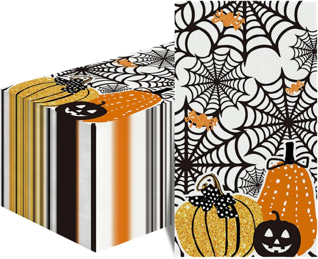 Horaldaily 100 Halloween Disposable Paper Decorative Guest Napkins, Scary Themed Cobweb Pumpkins Hand Towel for Party Lunch Dinner Kitchen Bathroom