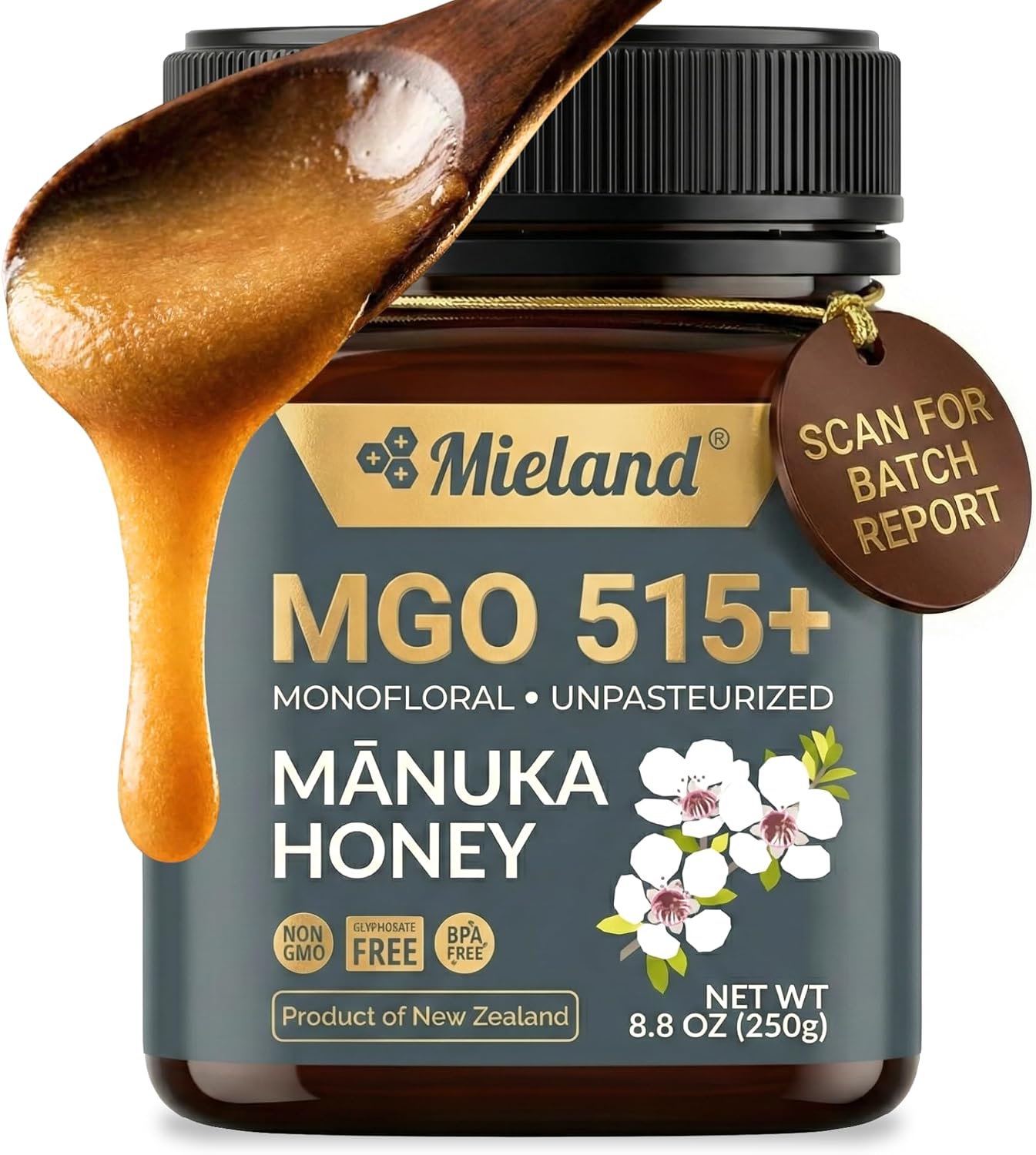 100% Certified Pure New Zealand Manuka Honey MGO 515+ | Raw Unpasteurized Natural Honey | Fully Traceable, Non-GMO, Glyphosate Free, Lab Tested (250g)