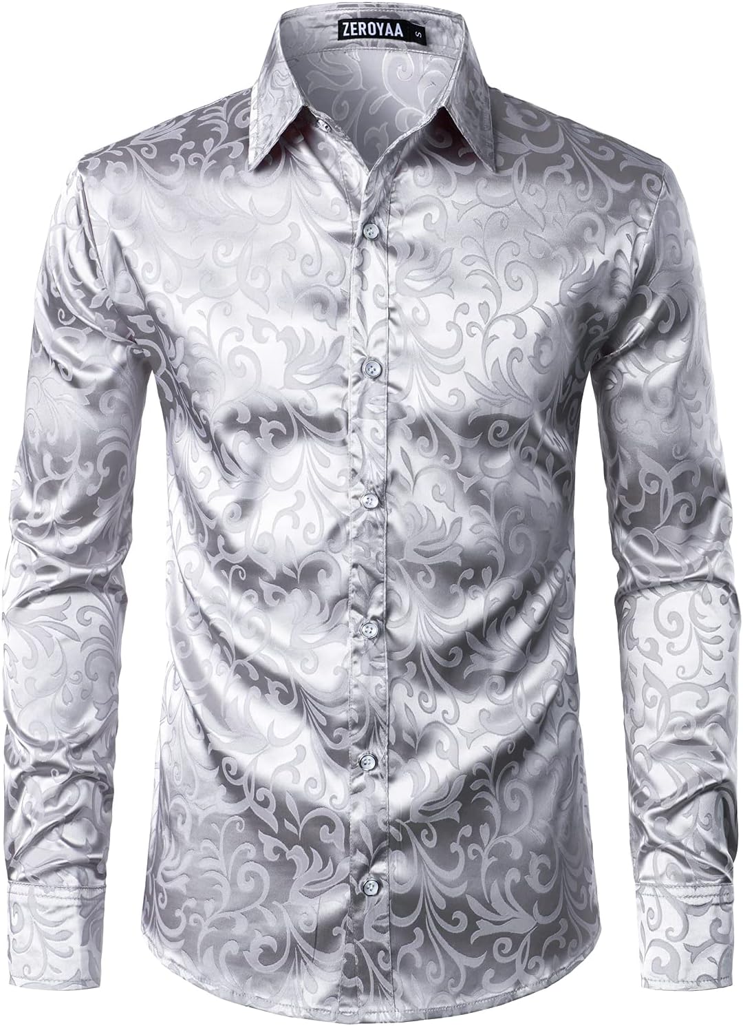 ZEROYAA Men's Luxury Jacquard Long Sleeve Dress Shirt Shiny Satin Slik Like Wedding Party Prom Shirts