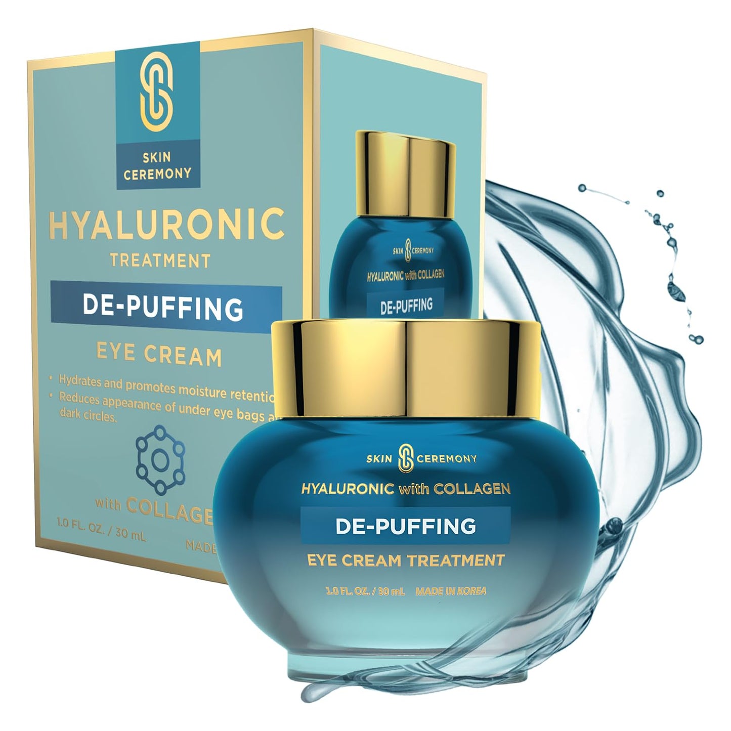 Hyaluronic Acid & Collagen De-Puffing Eye Cream - Hydrates and Promotes Moisture Retention - Helps reduce Under Eye Bags & Dark Circles - Skin Care Made in Korea - 1.0 FL.OZ.
