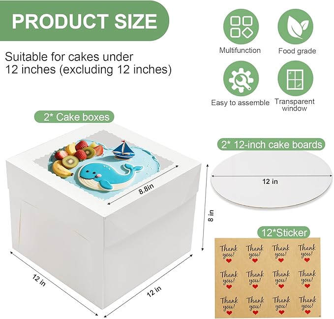 2 Pack Cake Boxes, 12x12x8 Inches Tall Cake Box with Cake Boards, White Bakery Boxes with Large Window, Disposable Cakes Transport Containers with Lids, for Cookies, Pies, Wedding, Birthday