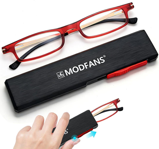 MODFANS Ultra thin 1.75 Reading Glasses Women&Men,Lightweight Folding Readers Blue Light Blocking Lenses TR90 Frames,Anti UV Narrow Foldable Computer Glasses,Portable Stretchable Slim Flat case Red