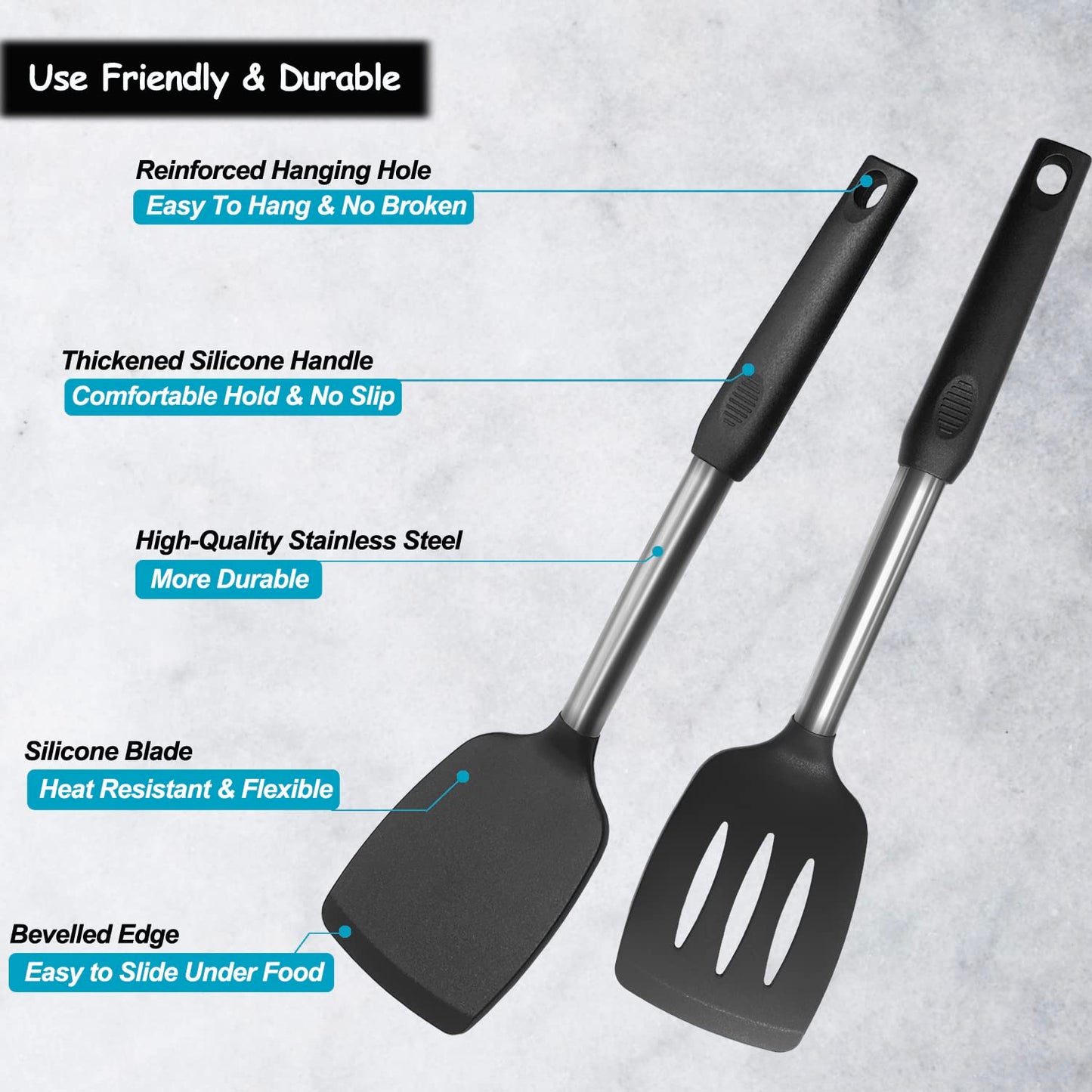 Silicone Spatula and Cooking Spoon,5 Pack Non-Stick Cooking Utensils for Kitchen，Heat Resistant Solid & Slotted Spoons and Spatulas, Stainless Steel Handle Coated with Silicone,Black