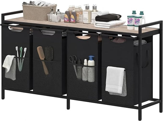Heybly Laundry Hampers, 4 Ã 15Gal (228 L) Laundry Basket with Large Desktop Sorter for Laundry Room organization, Bathroom and Dorm Laundry Bags on Storage Shelf, Greige HLH004SG