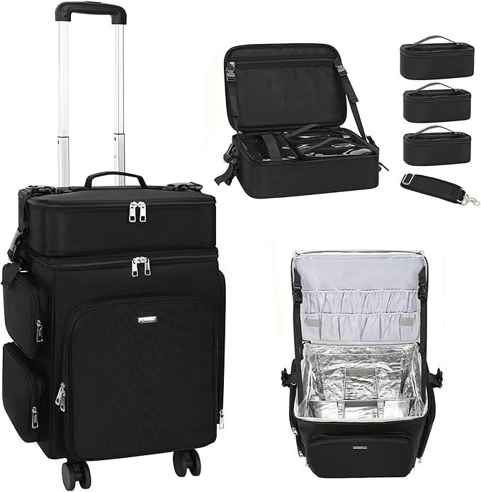 Relavel Rolling Makeup Case, 2 in 1 Hairstylist Traveling Bag Cosmetology Case on Wheels Large Hair Tools Cosmetics Train Case Makeup Artist Storage Organizer Trolley Suitcase with 360Â° Swivel Wheels