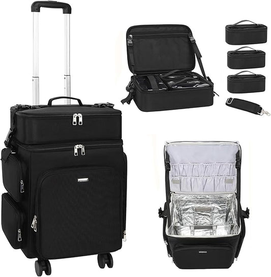 Relavel Rolling Makeup Case, 2 in 1 Hairstylist Traveling Bag Cosmetology Case on Wheels Large Hair Tools Cosmetics Train Case Makeup Artist Storage Organizer Trolley Suitcase with 360Â° Swivel Wheels