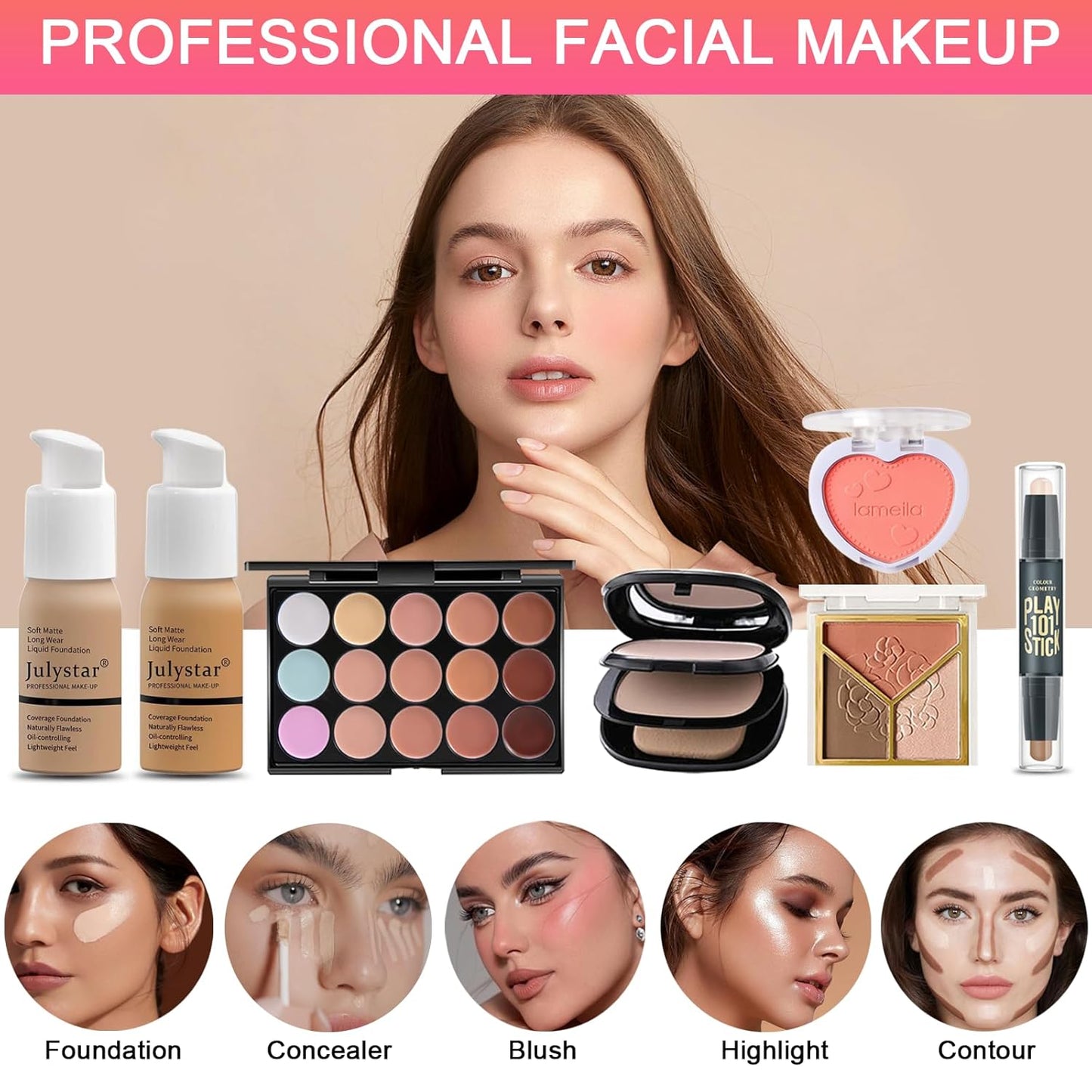 All in One Makeup Kit for Women Full Kit, Professional Travel Makeup Kit for Women & Teens, Foundation Eyeshadow Lipstick Brow Pencil Eyeliner Contour Powder, Complete Make Up Gift Set for Beginners