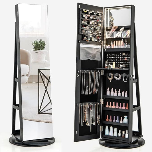 Mirror Jewelry Cabinet Standing with Full Length Mirror, 360Â° Swivel Jewelry Armoire with 3-Color LED Lights & Foldable Makeup Shelf, Lockable Organizer for Women, Space-Saving (Black)