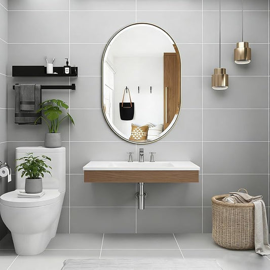 POZINO Oval Mirror Over Sink, Brushed Gold Beveled Mirror, 24"x36" Bathroom Vanity Mirrors with Stainless Steel Frame, Brass Oblong Wall Mirrors for Bedroom Living Room, Hangs Horizontal Or Vertical