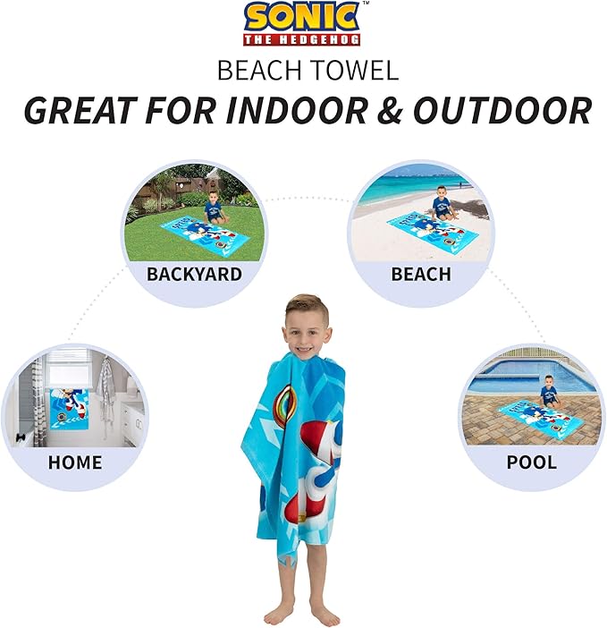 Franco Kids Super Soft Cotton Beach Towel,58 in x 28 in,Sonic The Hedgehog,(Pack of 2)