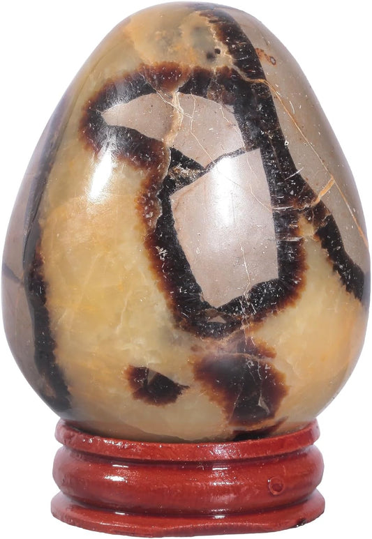 SUNYIK Natural Septarian Dragon Crystal Egg with Wooden Stand, Polished Oval Stone Egg Feng Shui Decoration Home Office Specimen for Easter Day, 1.18-1.57"