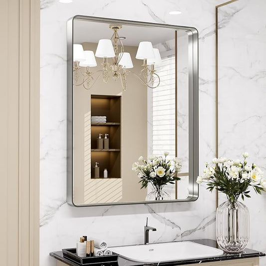 LOAAO 24X32 Inch Brushed Nickel Bathroom Mirror, Rounded Rectangle Silver Metal Frame Mirror, Brushed Nickel, Anti-Rust, Shatter Proof, Hangs Horizontally or Vertically