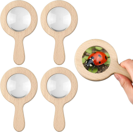 FairySandy 4 Pack Wooden Magnifying Glass, Wood Natural Handheld Magnifier Wooden Learning Adventure Toy Reading Magnifier for Elderly, Outdoor Exploration, Reading, Crafts, Collectibles, 5 x 3 Inch