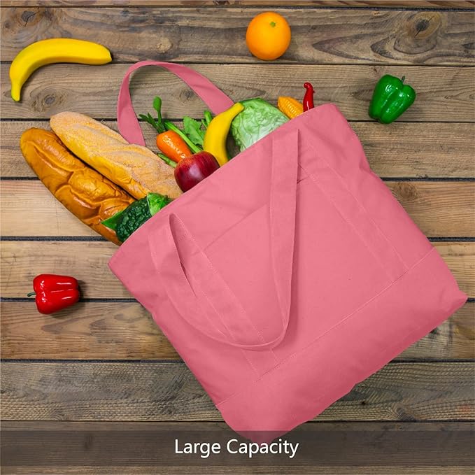 TOPDesign 6-Pack Canvas Tote Bags with an External Pocket, Reusable Grocery Shopping Bags, Top Zipper Closure, Daily Essentials (Rose Pink)