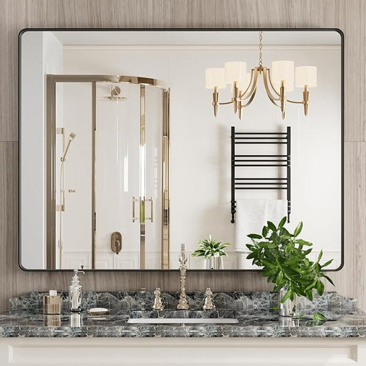 Black Bathroom Mirror 48X36 Inch, Black Metal Framed Mirror for Wall, Rounded Rectangle Matte Bathroom Vanity Mirror with Tempered Glass, Anti-Rust, Horizontal/Vertical