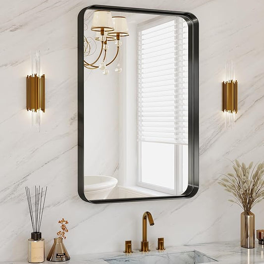 Matte Black Metal Framed Vanity Rounded Rectangle Bathroom 24X32 Inch Mirrors for Over Sink Wall,Modern Decorative for Restroom, Anti-Rust Aluminum Alloy Mirror, Horizontally or Vertically Hanging