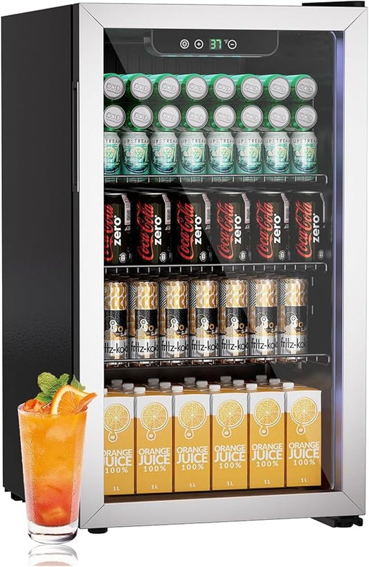 Compact Beverage Refrigerator,126 Can/3.2 Cubic Feet Fridge with Glass Door for Soda, Beer Under Counter Small Refrigerator with Adjustable Shelve & LED Display(Silver)