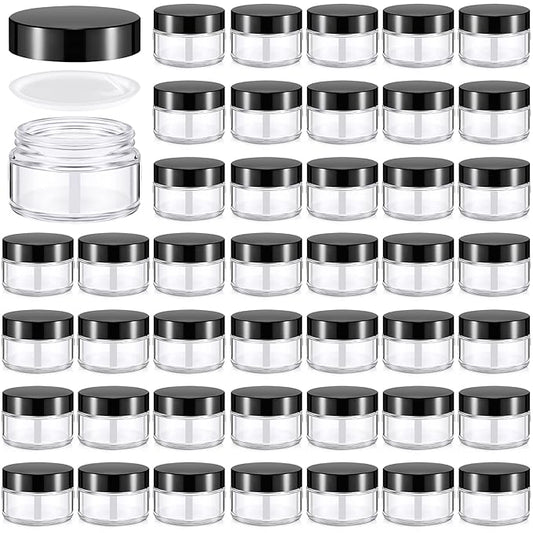 Domensi 60 Pcs 1oz Glass Jars with Lids Bulk Salve Tins Winter Cream Container Small Glass Candle Cosmetic Jars for Travel Lip Balm with Inner Liners for Lotion Sample Cream(Clear, Black Lid)
