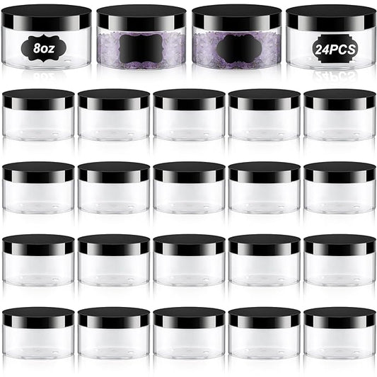 Dandat 24 Pcs 8 oz Plastic Jar Container with Lid and Label Refillable Empty Round Clear PET Cosmetic Sample Slime Containers for Lotion, Cream, Ointments, Body Butter, Makeup, Travel Storage