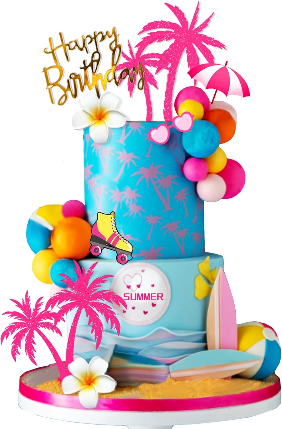Summer Hawaiian Cake Topper with Beach Ball Sun Umbrella Goggles Beach Cake Decorations for Summer Holiday Theme Birthday Supplies (Surfboard)