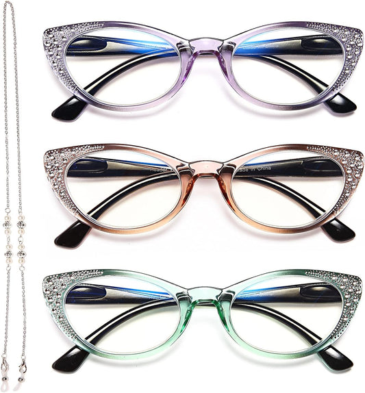 EYEURL Cat Eye Reading Glasses for Women 2.25 Blue Light Blocking 3 Pack Computer Readers with Comfortable Spring Hinge Lightweight Eyeglasses for Ladies.