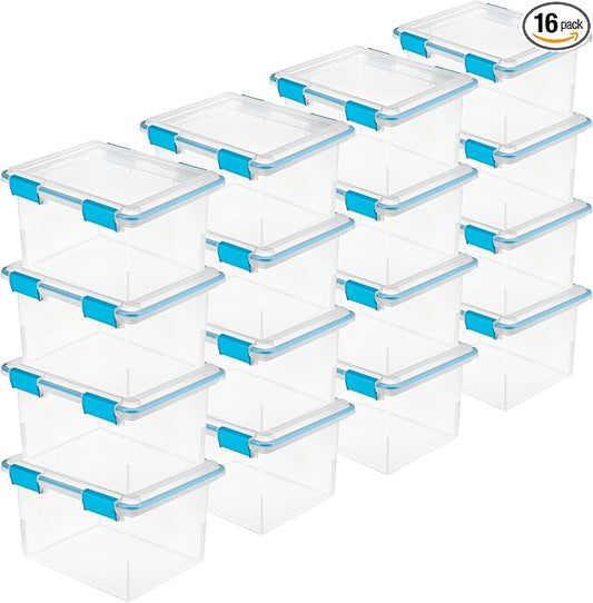 Sterilite 16-Pack Gasket Box, Weather-Resistant Storage Bins with Latching Lids, 32 Quart - Heavy-Duty Organizing Containers for Closet, Bathroom, and Office